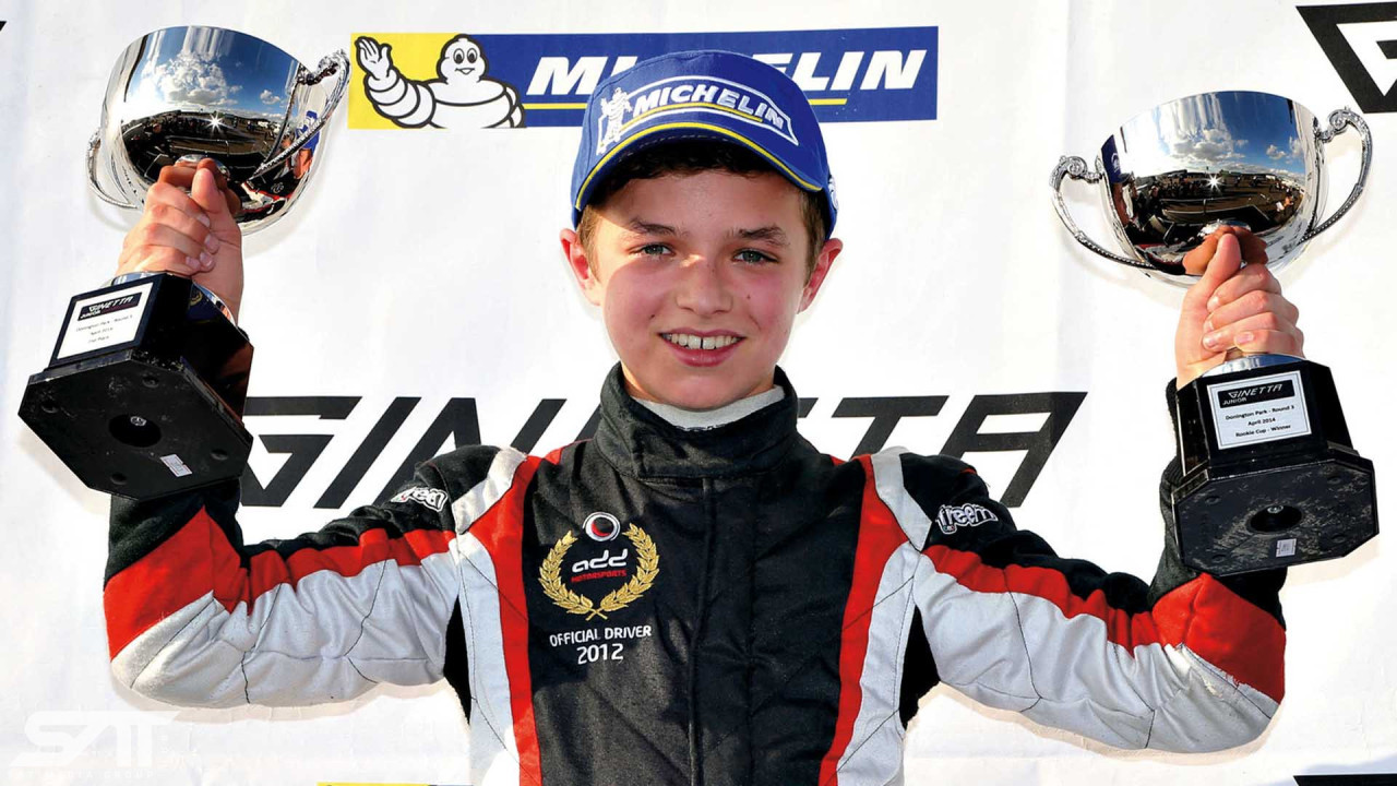 2014 Ginetta Junior Championship,
Donington Park, 19-20 April 2014,
Podium, Lando Norris (GBR) HHC Ginetta Junior
World Copyright Ebrey/LAT Photographic